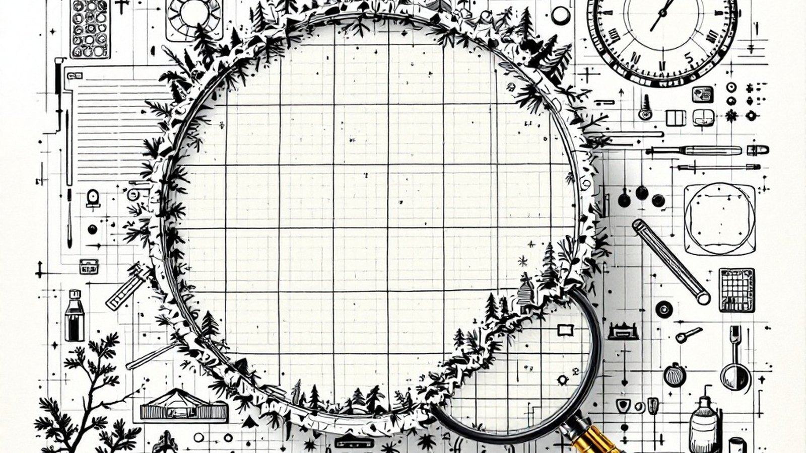 A hand-drawn magnified square lifted from one corner of a photograph, the image breaking into coarse blocky 8×8 squares toward the edge with faint ringing lines around a hard contour — a single magnified tile, objects only, no landscape